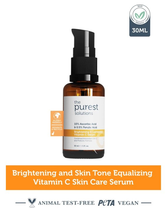 The Purest Solutions Brightening & Lightening Vitamin C Serum (10% Ascorbic Acid & 0.5% Ferulic Acid) - Revitalize & Renew Dull Skin - Anti-Aging Care & Anti-Stress Care - Vegan | Cruelty Free (30 ml)