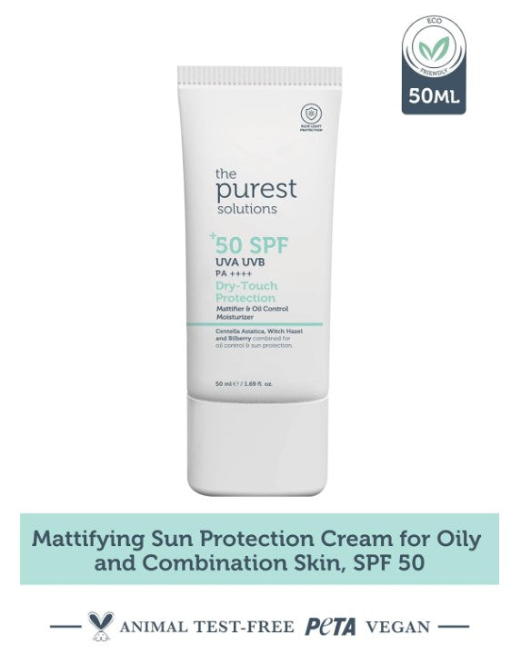 The Purest Solutions Dry-Touch Protection (Mattifier & Oil Control Moisturizer SPF 50+) - Combined with Witch Hazel & Bilberry - Oily Skin Type - Vegan | Cruelty Free | Eco Friendly (50 ml)