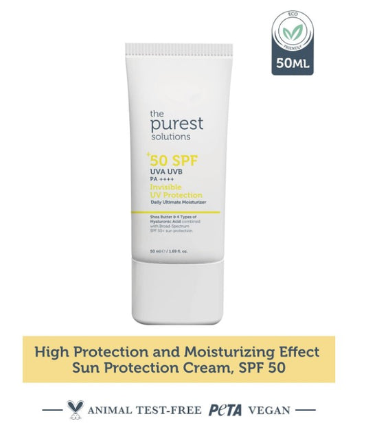 The Purest Solutions Invisible UV Protection (Daily Intensive Moisturizer SPF 50+) - Hyaluronic Acid & Shea Butter for Daily Hydration - Sunscreen - All Skin Types - Vegan | Cruelty Free (50 ml)